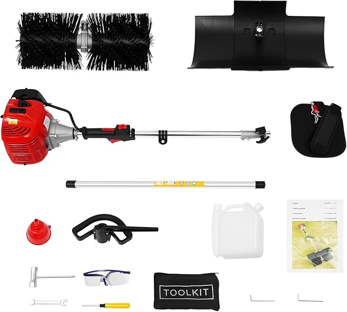 Outdoor Hand Held Power Broom, 52cc 2.3HP 1.8M Outdoor Handheld Sweeper Power Broom for Artificial Turf, 1-Cylinder 2-Stroke Walk Behind Sweeper Cleaning Driveway Tools Lawn Cleaner Tools