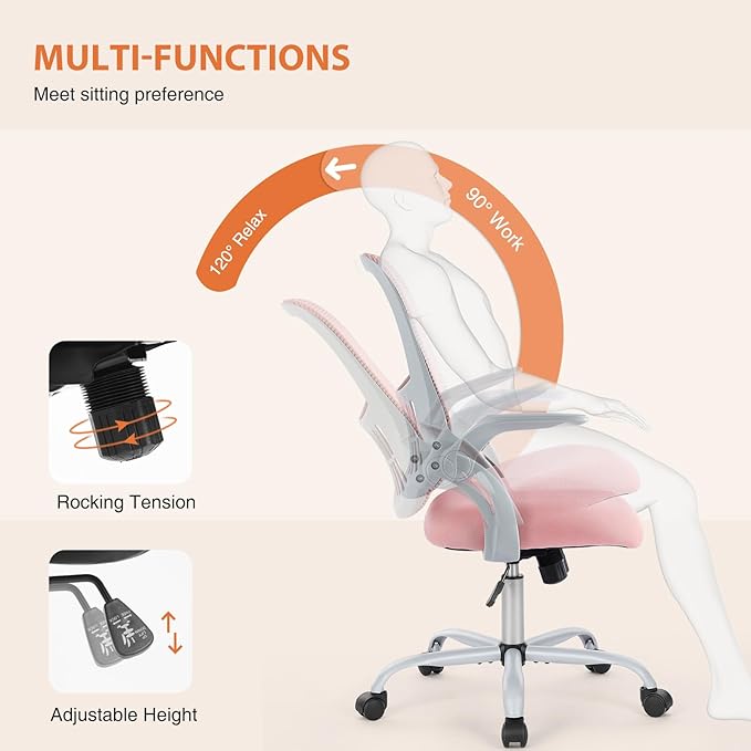 Sweetcrispy Home Office Managerial Executive Chair, Ergonomic Mesh Adjustable Swivel Mid-Back Chair with, Flip-up Arms, Comfortable Lumbar Support, Comfy Arms for Bedroom,Study,Student