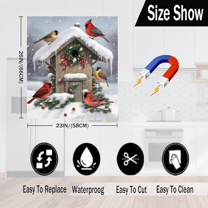 Winter Birds Magnet Dishwasher Cover Skin Panel Decal Christmas Decorated Birdhouse Fridge Magnets Door Cover Winter Snow Scene Vinyl Magnetic Sticker for Dishwasher, 23 inx26 in Magnet