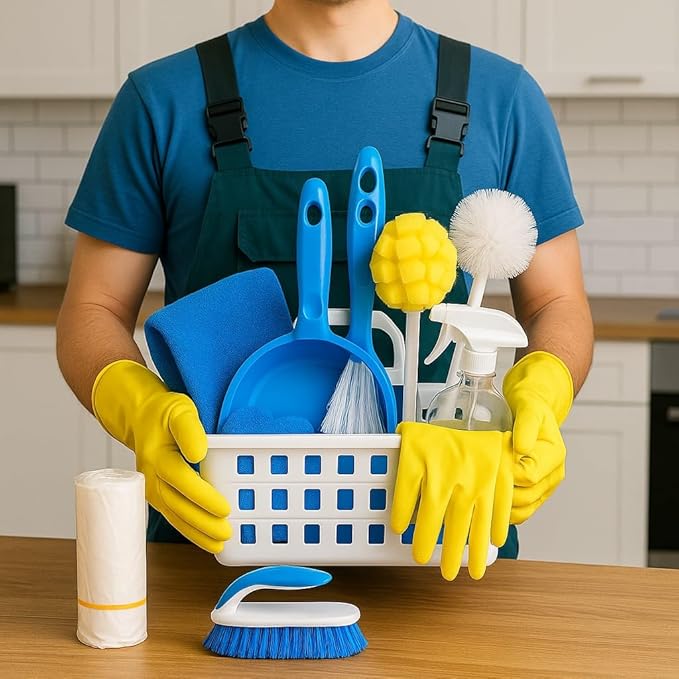 Total Clean Starter Kit – 10-Piece Cleaning Caddy Set for Home Apartments Dorms & Janitorial Use – Includes Cloths Gloves Brushes Spray Bottle Trash Bags Dustpan