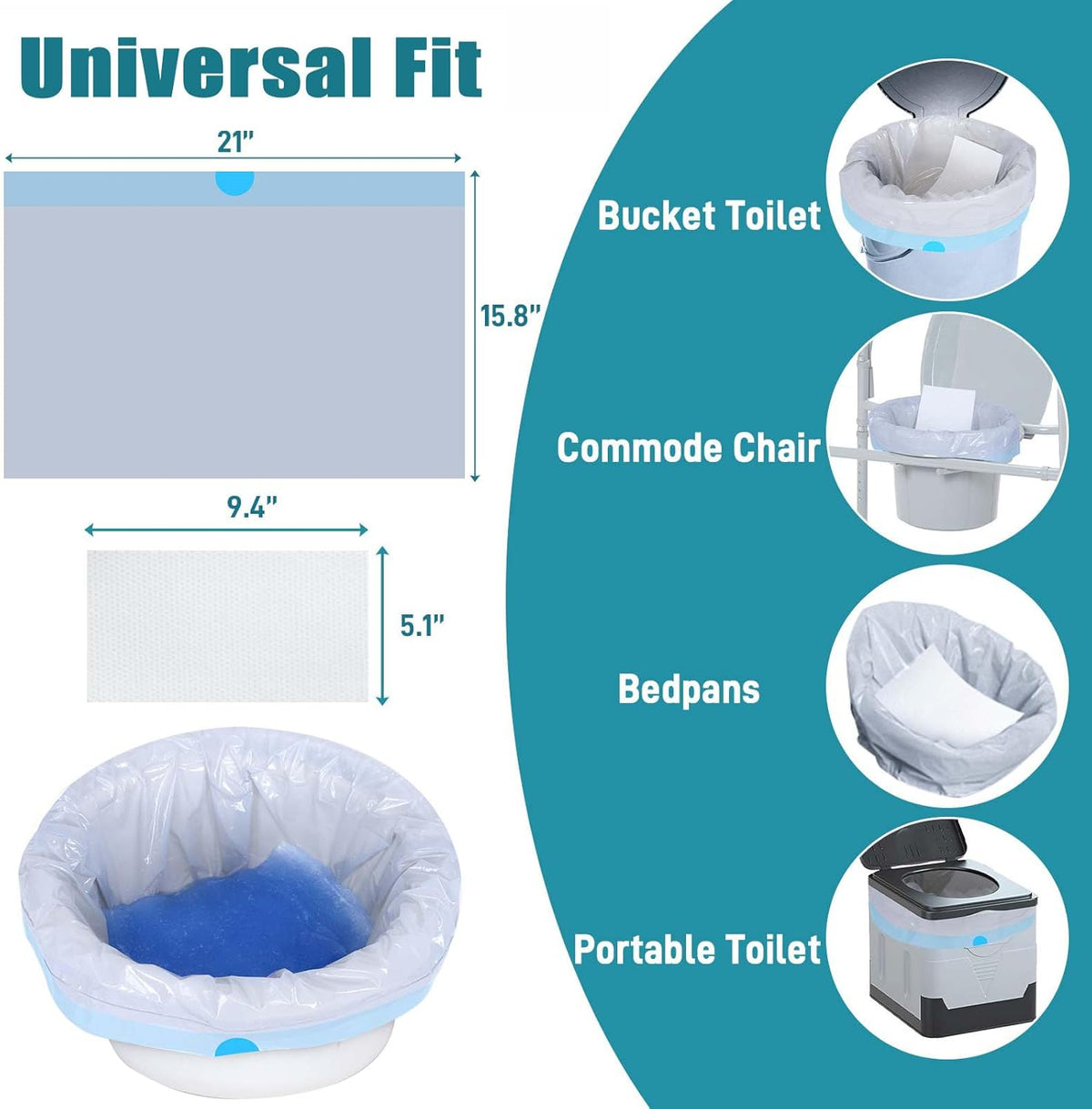 Commode Liners with Absorbent Pads- 100 Commode Bags+ 100 Commode Pads, Extra Thicken Commode Toilet Liners Universal Fit Bedside Commode, Portable Toilet, Chair Bucket, Bedpan