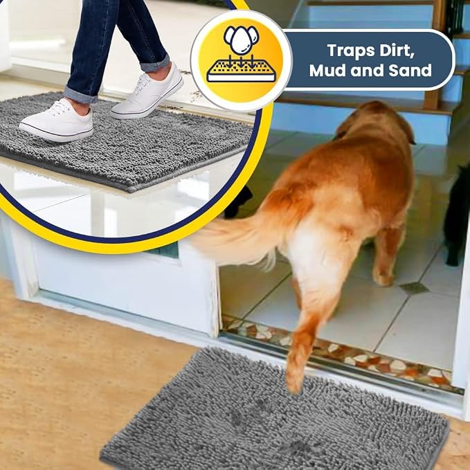Muddy Mat® | Super Water Absorbent Door Mat Indoor, Microfiber Quick Dry Chenille Entryway Rug, Slip Resistant Front Door Mat, Indoor Mats for Entryway, Machine Washable Pet Rug, Light Grey 24" x 44"