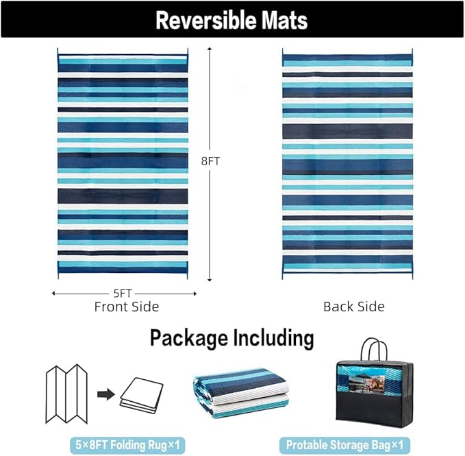 HUGEAR Outdoor Plastic Straw Rug, Waterproof Mat, Washable Large Floor Mat and Rug for Outdoors, RV, Beach, Patio, Camping, Backyard, Deck, Picnic, Indoor Outside (5x8ft,Stripe/Blue&White)
