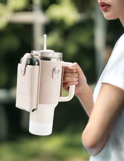 molshine Water Bottle Carrier Bag Holder with Phone Pocket Adjustable Strap for Stanley 30 40oz, Insulated PU Leather Cover Sleeve Sling Crossbody Bag for Walking Camping Hiking Travelling (Beige)