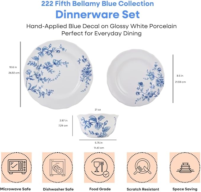 222 Fifth 12-Piece Porcelain Dinnerware Set for 4, White & Blue Plates and Bowls Set, Glossy Ceramic Dish Set with Beautiful Floral Design, Elegant Kitchen Dishes, Microwave & Dishwasher Safe, Bellamy