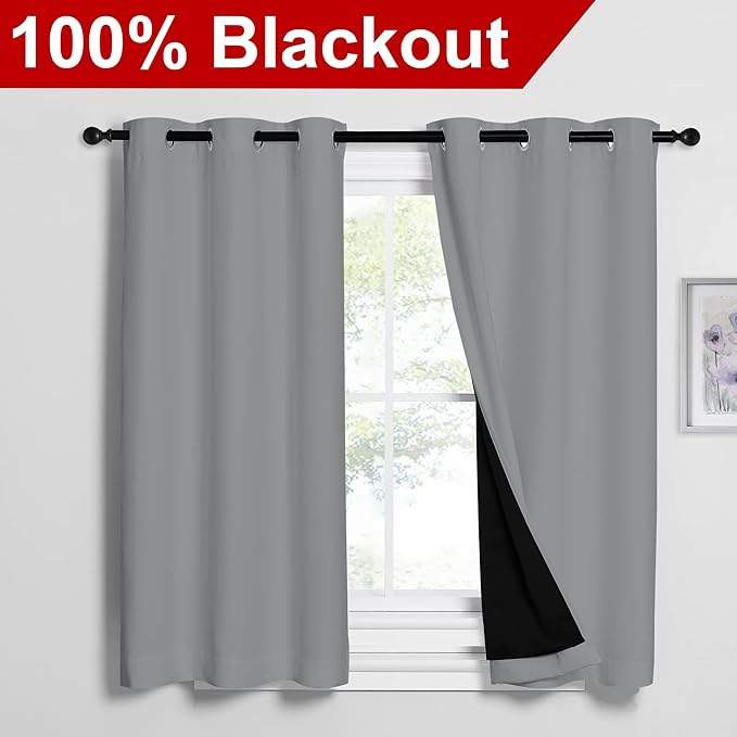 NICETOWN Silver Grey 100% Blackout Curtains 54 inches Long, Thermal Insulated
