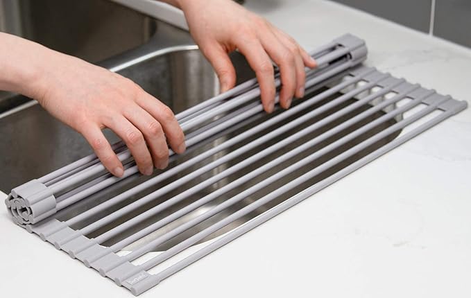 Surpahs Over Sink Foldable Multipurpose Roll-Up Dish Drying Rack, Silicone Wrapped Stainless Steel, Warm Gray, 20.5" x 15.5"