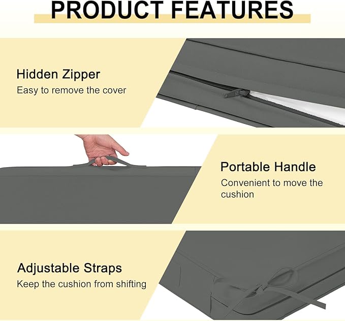 downluxe Waterproof Outdoor Chair Cushions for Patio Furniture, 18" x 18" x 2" Patio Chair Cushion with Non-Slip Ties & Portable Handle, Square Outdoor Cushion with Removable Cover, Dark Grey, 2 Pack