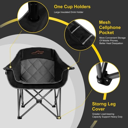 Fair Wind Oversized Padded Camping Chair - Heavy Duty Quad Fold Arm Chair, Supports 500LBS, Black | 2 Pack
