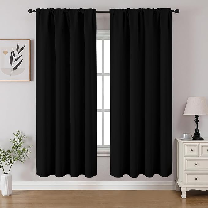 CUCRAF Black Blackout Curtains 63 inch Length 2 Panels Set, Rod Pocket Room