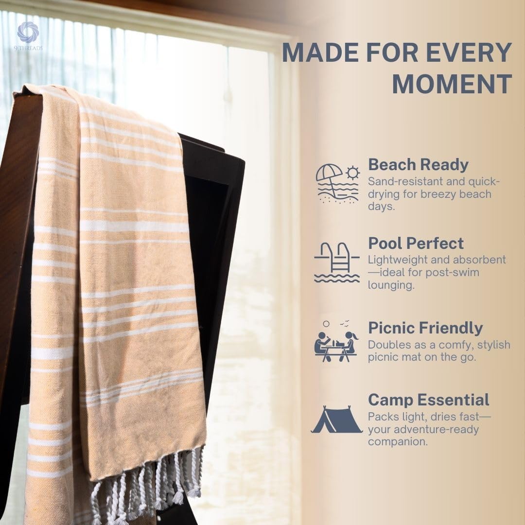 Skiennix Oversized Cotton Turkish Beach Towel - Quick Dry, Absorbent, Extra Large | Desert Sand, 36"x72", 4 Pack