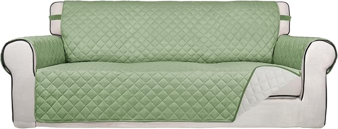 PureFit Reversible Quilted Sofa Cover, Water Resistant Slipcover Furniture Protector, Washable Couch Cover with Non Slip and Elastic Straps for Kids, Dogs, Pets (Oversized Sofa, Sage Green/Ivory)