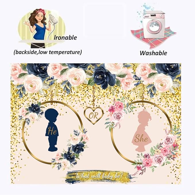 8x6ft Gender Reveal Decorations Banner Backdrop Navy and Blush He or She What Will Baby Be Gender Reveal Backdrop Boy or Girl Pregnancy Reveal Photography Background Decoration Supplies