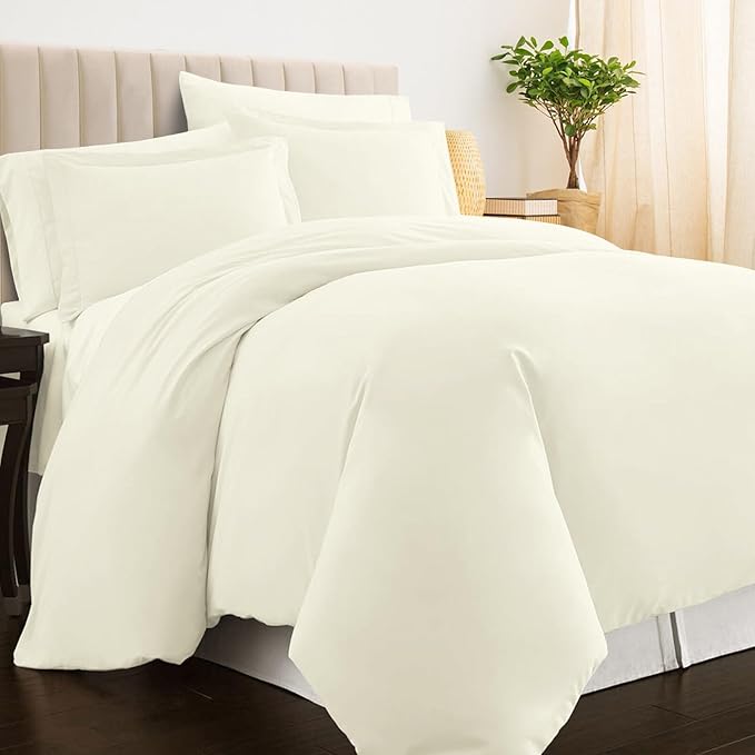 Pizuna Pure 100% Cotton Queen Duvet Cover Set, Luxurious 400 Thread Count Long Staple Cotton Sateen Weave with Button Closure (Combed Off White Cotton Duvet Cover Queen)