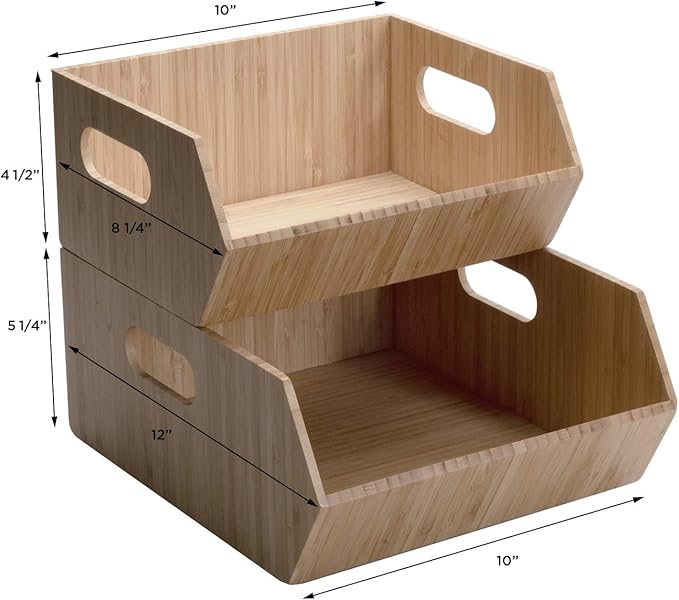 MobileVision XL Bamboo Storage Bins for Bathroom Cabinet Organizer, 2 PIece Stackable Set, Holds Toilet Paper, Wipes, Magazines, Cleaning Supplies, and more