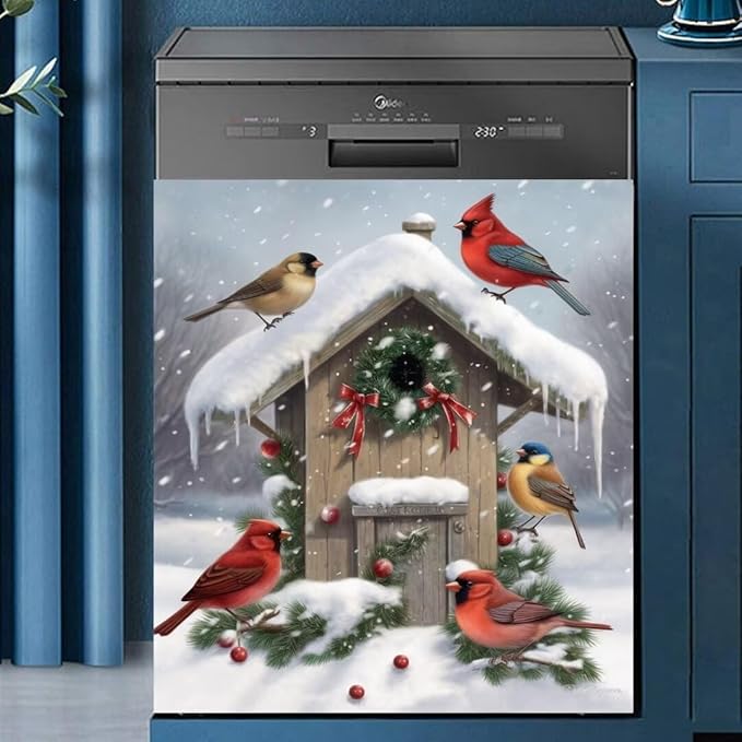 Winter Birds Magnet Dishwasher Cover Skin Panel Decal Christmas Decorated Birdhouse Fridge Magnets Door Cover Winter Snow Scene Vinyl Magnetic Sticker for Dishwasher, 23 inx26 in Magnet