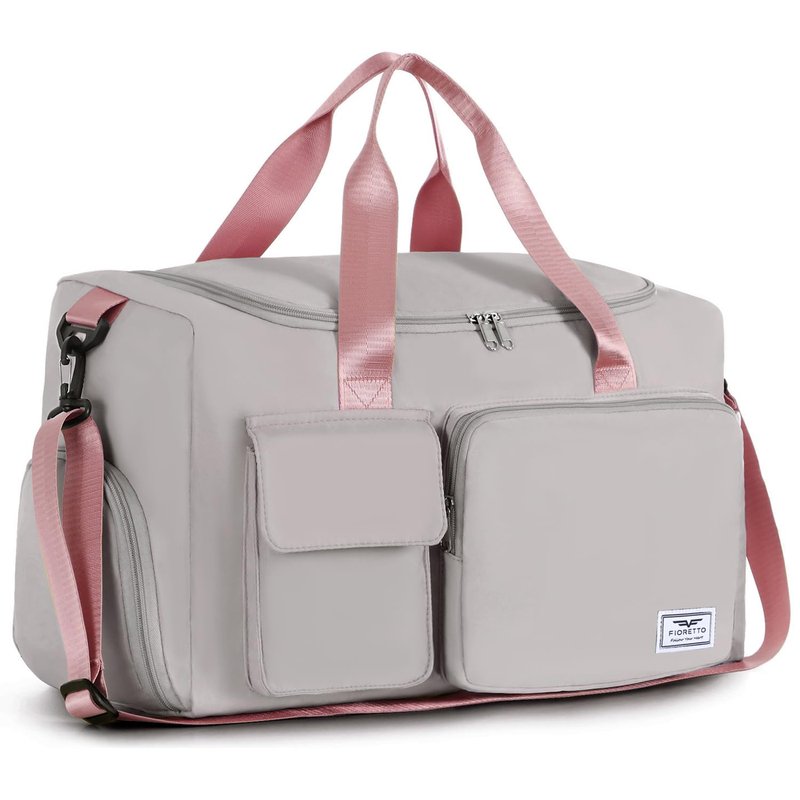 FIORETTO Women's Gym Duffle Bag with Shoes Compartment, 30L Capacity, Ideal for Travel, Gym, Sports, Duffel, Weekender, Grey & Pink