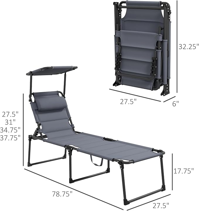 Outdoor Lounge Chair, Tanning Chair with Sunshade Roof, Adjustable Backrest Folding Chaise Lounge with Pillow Headrest for Outside, Beach, Camping, Hiking (Sunshade Roof, Grey)