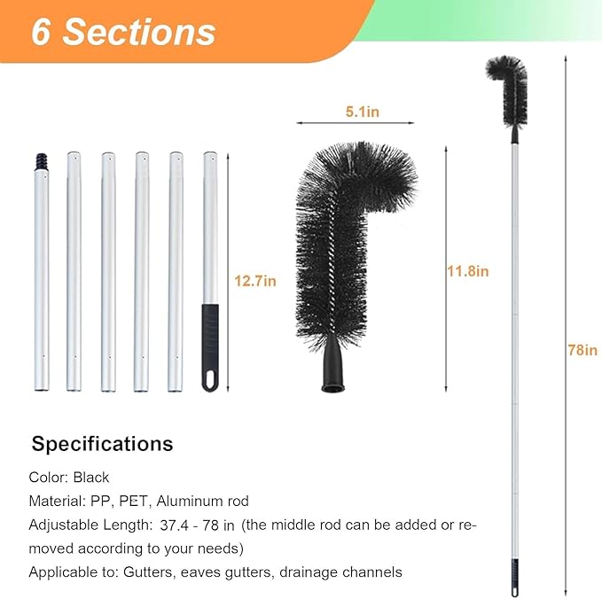 Outdoor Patio Rain Gutters Clean Kit with PET Brushes & Non-slip Handle for Debris Removal, 5.5ft 6.5feet 7.5foot Long Gutter Cleaning Tool From the Ground(6.5ft)