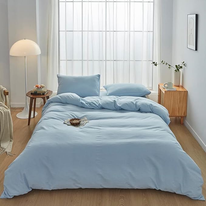 FACE TWO FACE Bedding Duvet Cover Set100% Washed Cotton Duvet Cover Linen Like Textured Breathable Durable Soft Comfy (Queen, Light Cyan)