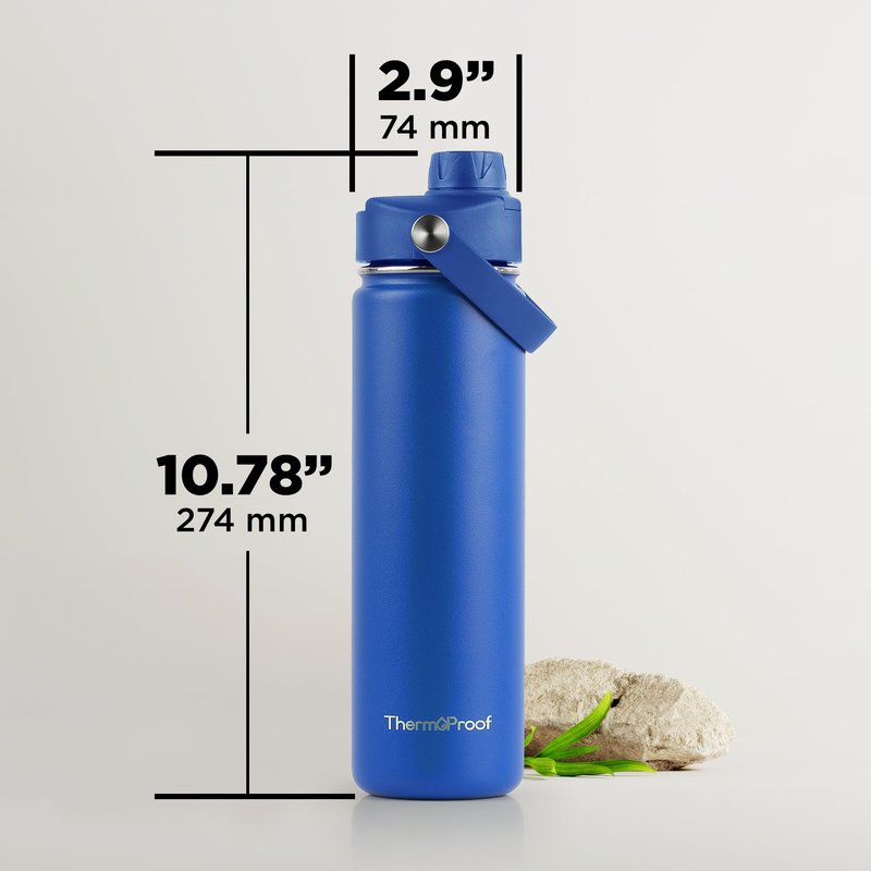 ThermoProof Double-Walled Vacuum Insulated Stainless Steel Water Bottle - Wide Mouth with Chug & Spout Lids, Dishwasher Safe, Reusable, Leakproof, Hot & Cold for Men, Women & Kids - 22oz, Blue