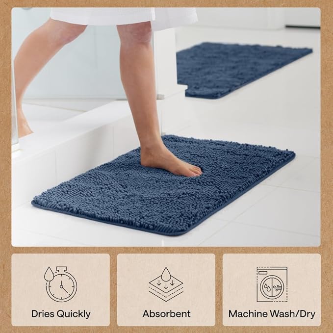 GORILLA GRIP Bath Rug Mat 60x24, Soft Absorbent Chenille, Quick Dry Microfiber Mats, Rubber Backing Washable Shower Floor Rugs, Bathmat Runner, US Designed Bathroom Home Decor Accessories Navy Blue
