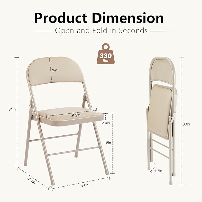 DUMOS 2 Pack Leather Padded Folding Chair, Indoor Outdoor Portable Stackable Commercial Seat with Steel Frame, Capacity for Home, Office, Party, Comfy, Kahki