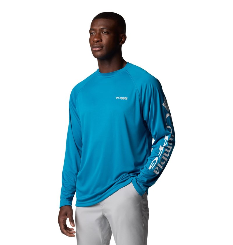 Columbia Men's PFG Terminal Tackle Long Sleeve Fishing Shirt, Blue Echo/White Logo, 1X