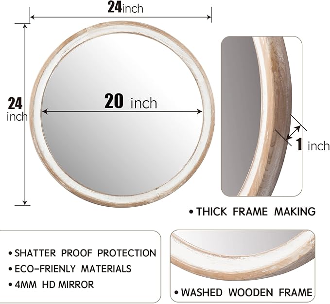 Reflinto 24 Inch Rustic Farmhouse Round Wall Mirror