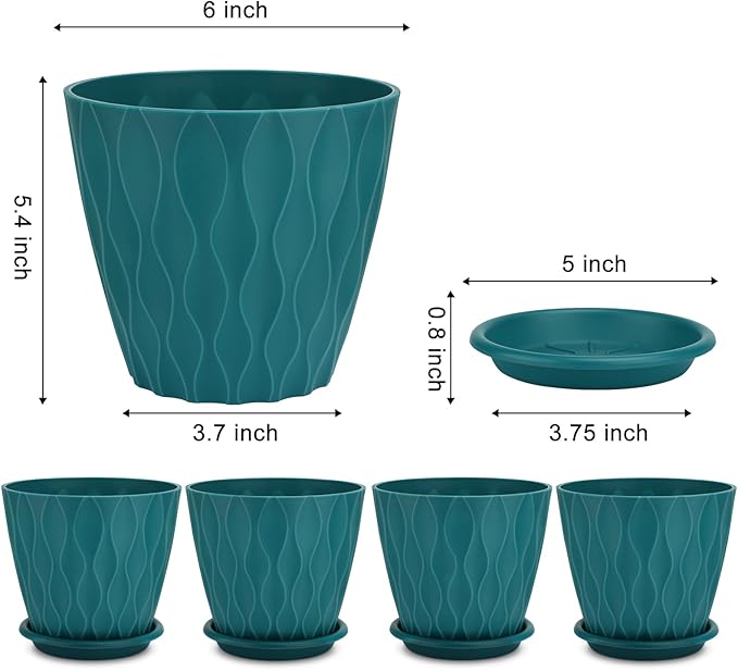 YNNICO 6 inch Plant Pots, 5 Pack Flower Pots Outdoor Indoor, Planters with Drainage Hole and Tray Saucer(Blue