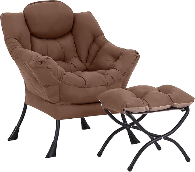 LITA Lazy Chair with Ottoman, Modern Accent Leisure Upholstered Sofa Chair, Contemporary Lounge Reading Chairs with Armrests and a Side Pocket for Living Room, Bedroom & Small Space, Dark Brown
