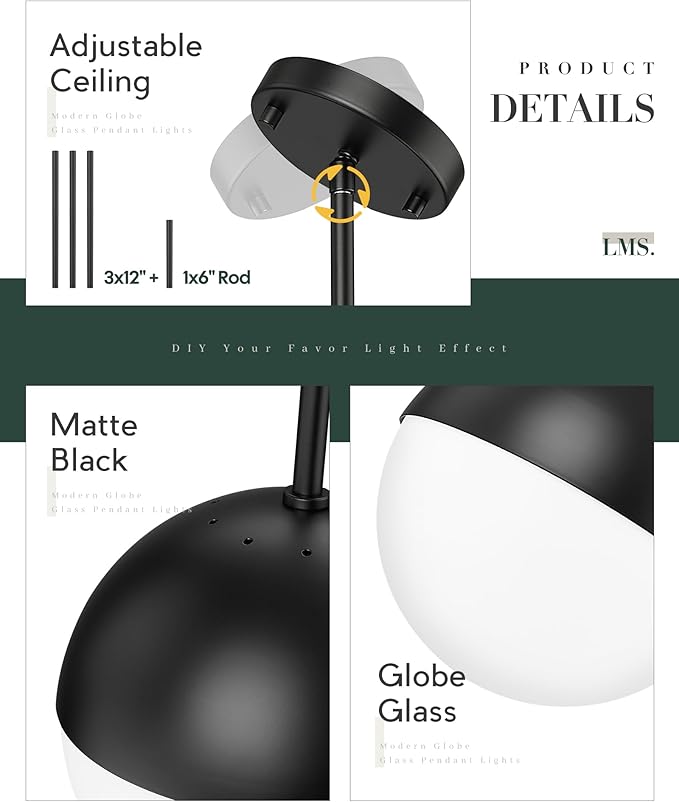 LMS 8-inch Modern Globe Pendant Light Frosted Glass with Black Finish Contemporary Mid Century Adjustable Hanging Light Fixture for Living Room Bedroom Kitchen LMS-186