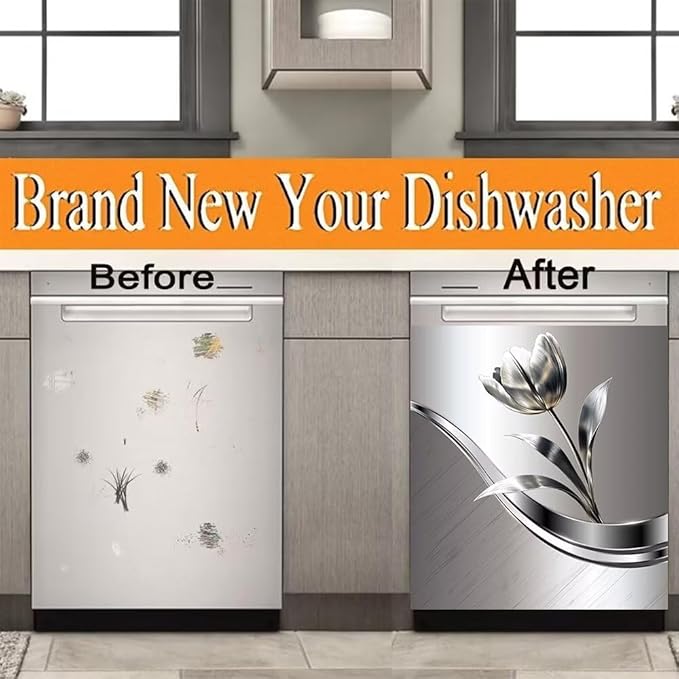 Dishwasher Covers Decorative Magnetic Sticker,Stainless Steel Style Background Flower Pattern Refrigerator Front Panel,Kitchen Decor Fridge Magnet Cover Decor,23 x 26inchs