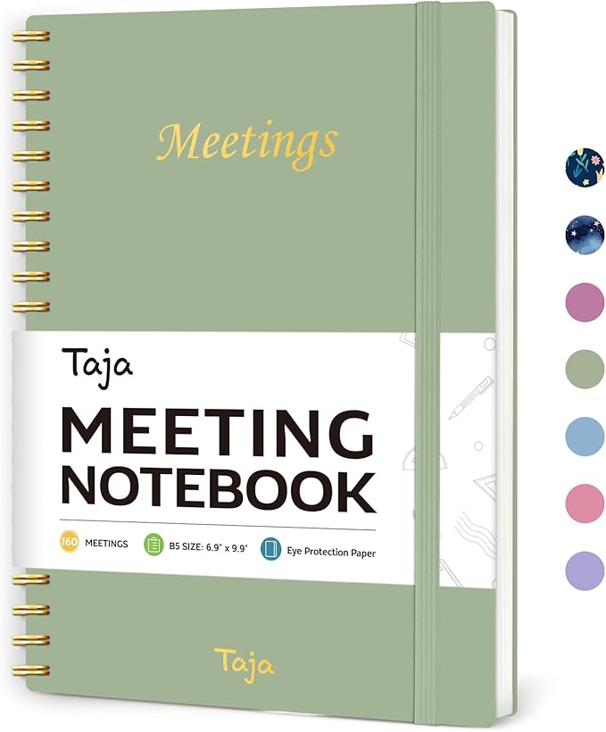 Taja Meeting Notebook for Work Organization - Work Planner Notebook with Action Items, Agenda Planner for Note Taking, 160 Pages (6.9" X 9.9") Project Organizer for Men & Women - Green