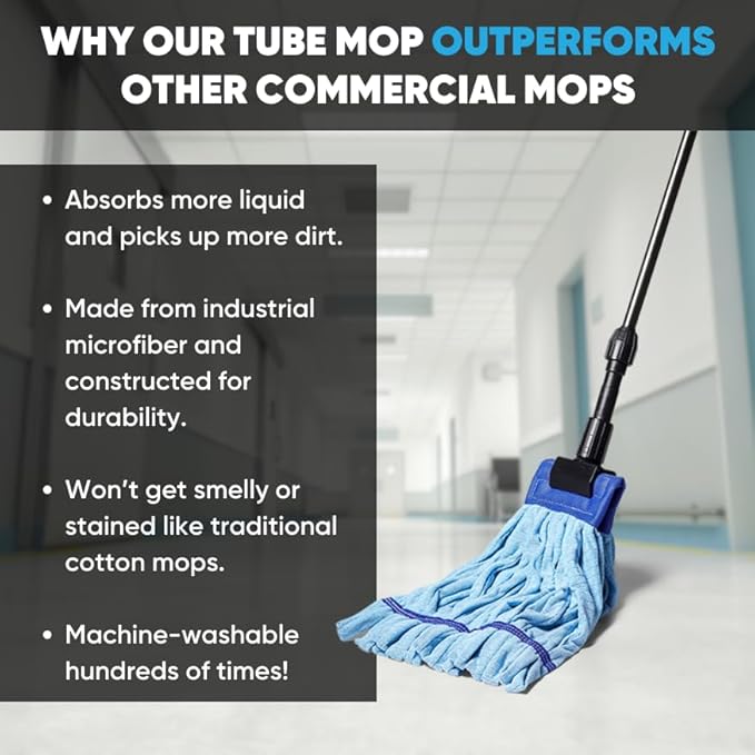 Bulk Commercial Mop Head Replacement (24 Count) - Medium Microfiber Tube Mop (14 oz.) | Industrial Wet Mops | Refill, Machine Washable, Heavy Duty | Hardwood, Tile, Laminate, Vinyl Floors (Red)