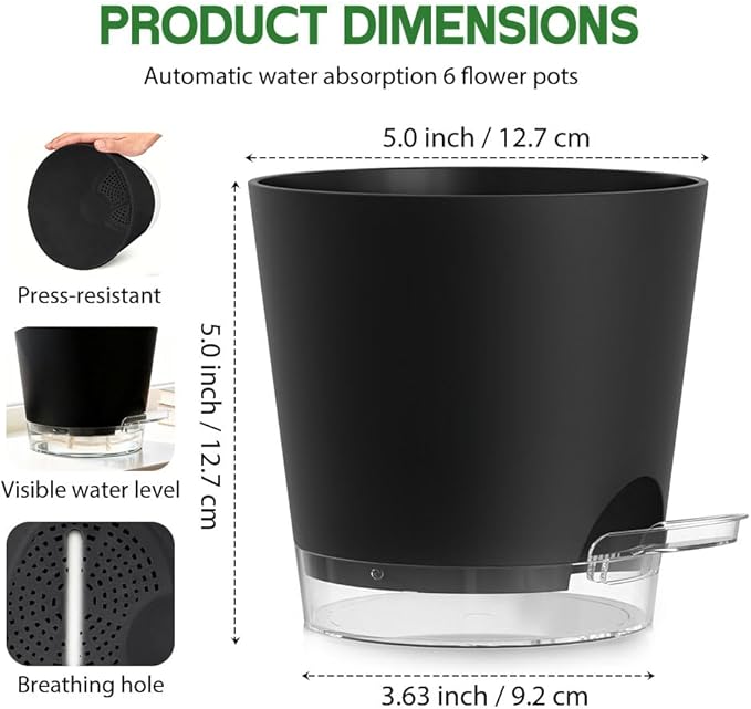 Self Watering Pots for Plants, 2026 New Flower Plant Pots with Drainage Holes, Wicking and Clear Reservoirs for Succulent, Aloe, Cacti and Others - 6 Pack (Black, 5")
