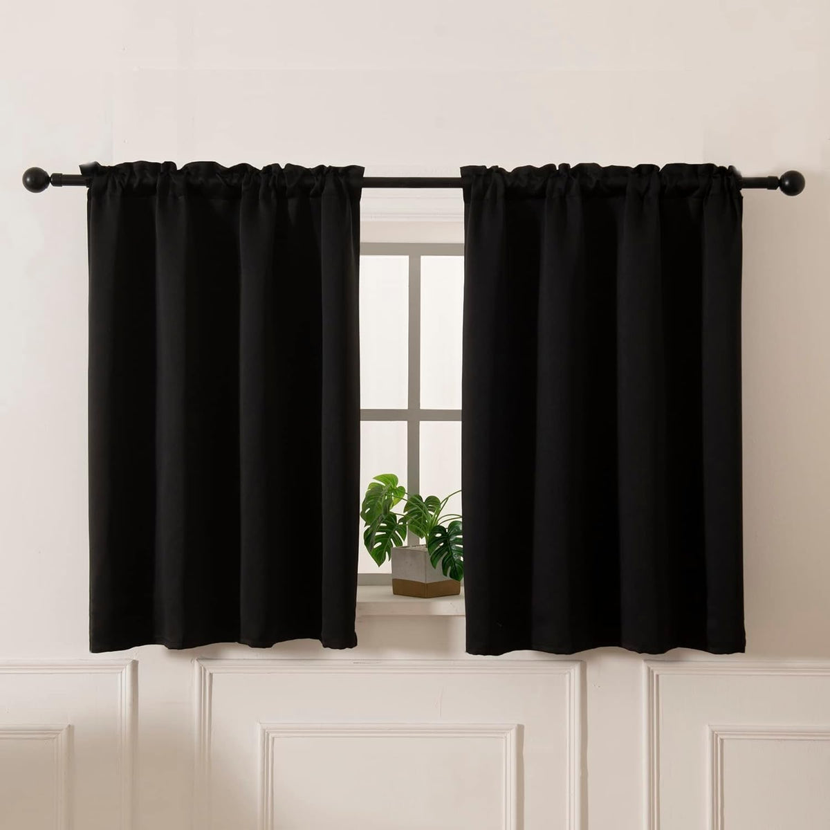 Pickluc Blackout Curtains 45 Inches Long 2 Panels, Room Darkening Tiers with Rod Pocket, Short Black Out Curtain for Small Window, 42" Wide and 45" Length, Set of Two, Black.
