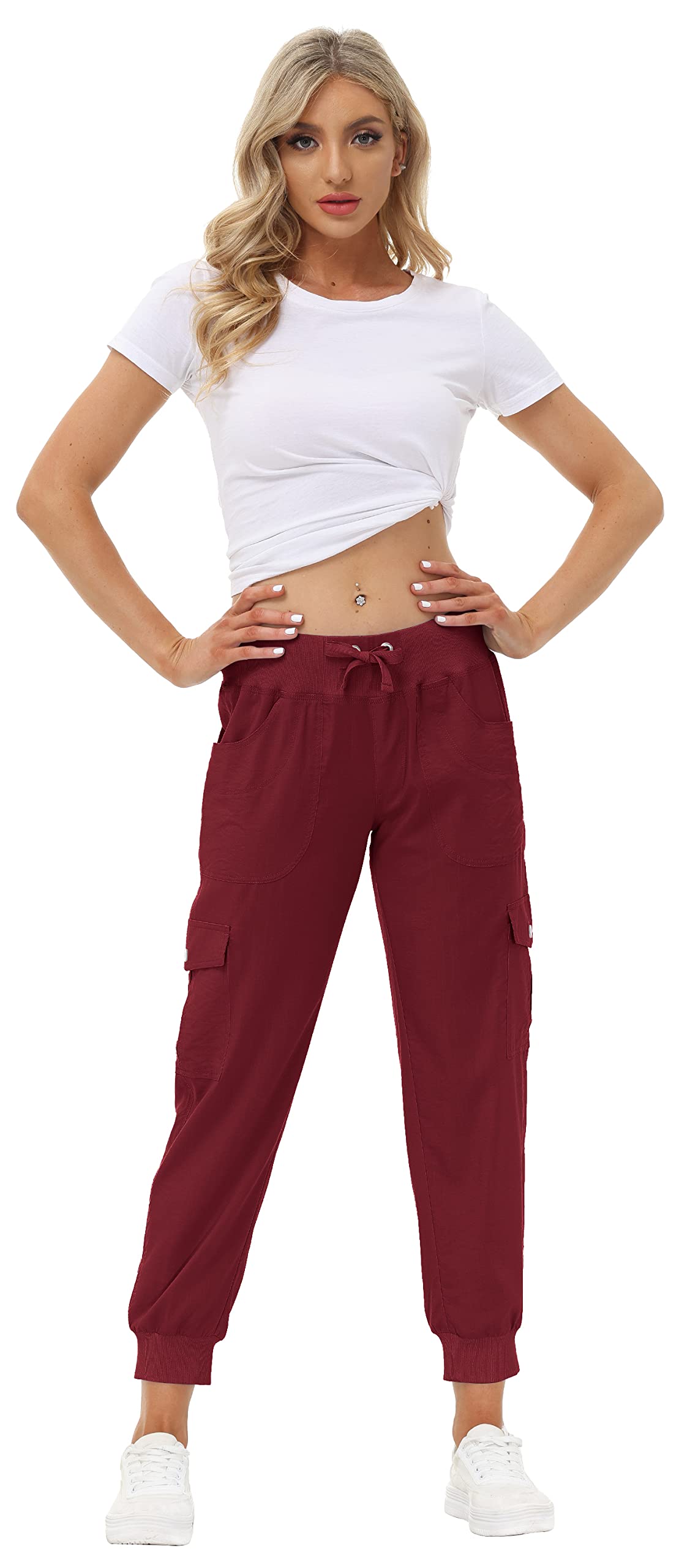 MoFiz Hiking Cargo Pants for Women with Pockets Lightweight Quick Dry Athletic Outdoor Summer Travel Casual Joggers Sweatpants Wine Red 3XL