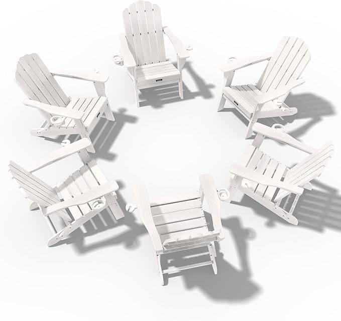 Adirondack Chairs Set of 6, Fire Pit Chairs, Wood Texture Patio Chairs with 2 Cup Holder, Outdoor Lawn Chair, White