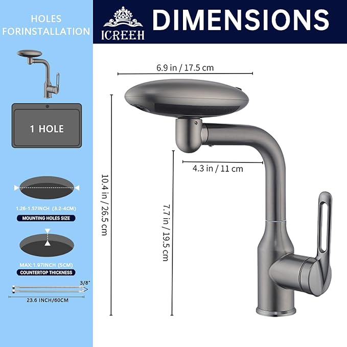 Bathroom Sink Faucet 1 Hole, Gunmetal Grey Multifunctional Basin Faucet with 4 Water Outlet Modes, Modern 360°Rotatable Bar Tap with Two Water Supply Pipes