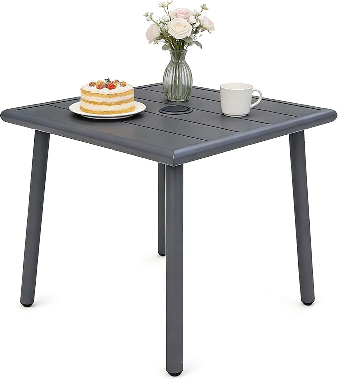 Small Metal Outdoor Side Table with Umbrella Hole, Sqaure Patio Coffee Bistro Table End Table, Umbrella Table with Hole for Poolside Backyard Porch Deck Balcony,19.7x19.7 inches, Gray