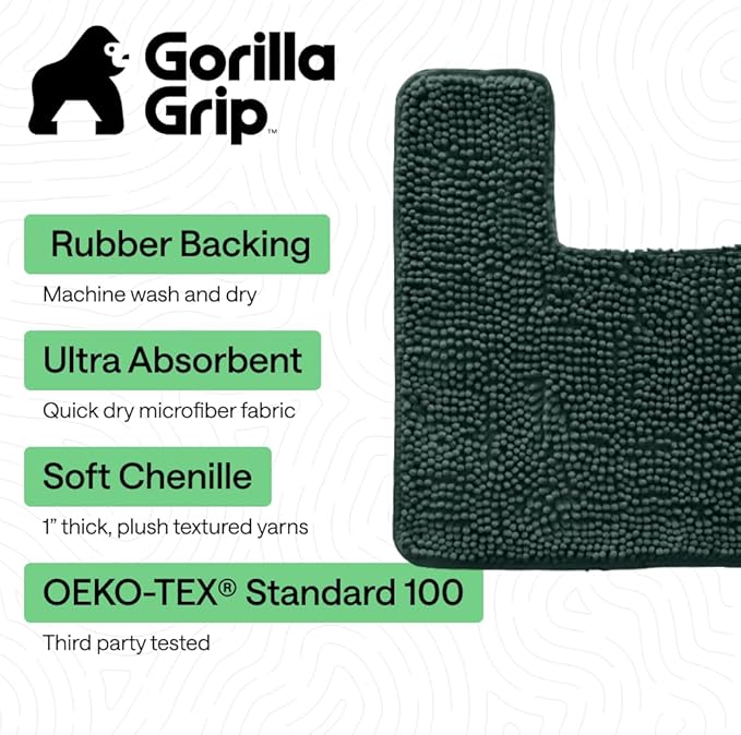 GORILLA GRIP Plush Absorbent Shaggy Chenille Bath Rug Mat for Square Toilet Base with Rubber Backing, Machine Washable Rugs, Soft Microfiber Contour Mats for Toilets, Bathroom Decor, Hunter