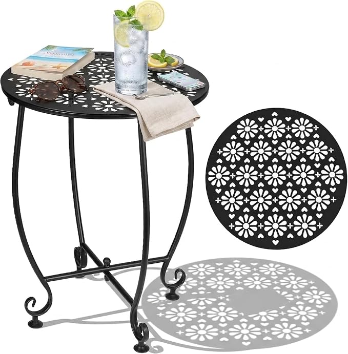 14 Inch Outdoor Metal Side Table, Patio Side Table Weather Resistant Metal Side Table, Small Round Outdoor End Table Plant Stands Table Outside for Patio Yard Balcony Garden Black(Color4-Flowers)