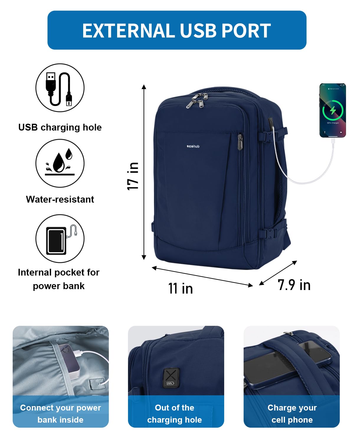 ECOHUB 17'' Travel Backpack, Personal Item Backpack with 13 Pockets, Flight Approved Carry on Backpack with USB Port & Luggage Sleeve, Travel bag for Men & Women, Water Resistant Backpack, Blue