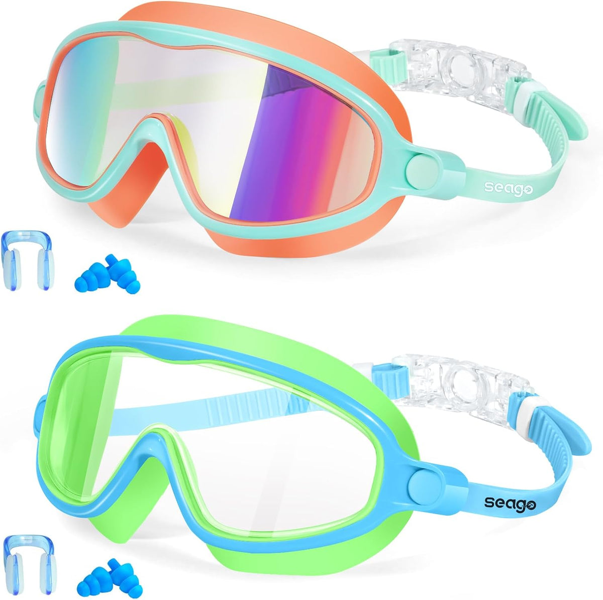 Seago Swim Goggles - Anti-Fog & UV Protection - Wide View for Kids Ages 3-14 | 2 Pack