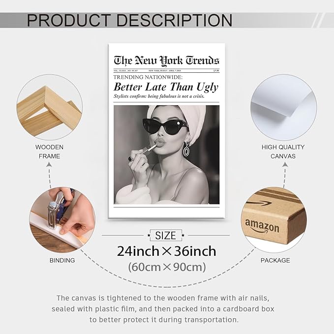 FuSatisYilife Trendy Newspaper Framed Posters Better Late Than Ugly Wall Art