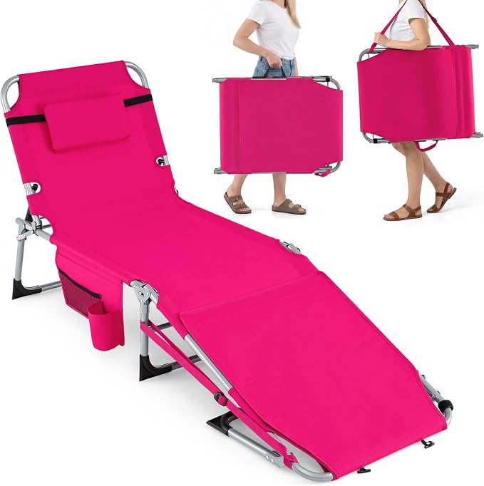 GYMAX Tanning Chair, 330LBS Beach Lounge with Face Arm Hole & Hand Shoulder Strap, Folding Layout Sunbathing Chair, Face Down Outdoor Chaise Lounger for Patio, Poolside, Lawn, Backyard (1, Pink)