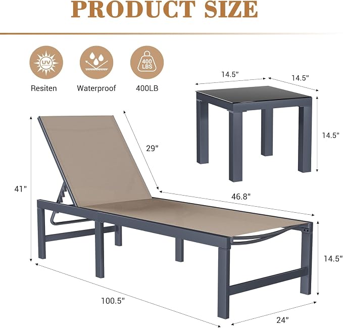 UDPATIO Outdoor Chaise Chairs & Table 3 Pieces Pool Lounge Chair, Poolside Sunloungers Lay Flat Sunbathing Chaise with Adjustable Backrest for Patio, Beach, Yard, Pool