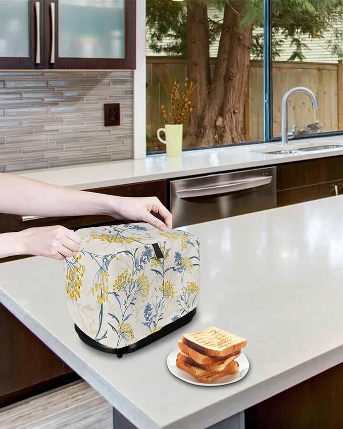 Toaster Cover 4 Slice Spring Summer Flowers Toaster Oven Cover with Pockets Yellow Berry Floral Plant Bakeware Protector Small Kitchen Appliance Dust Covers and Fingerprint Protection for Women