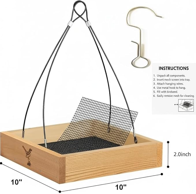 Cedar Wood Platform Tray Bird Feeder 10” - Hanging Bird Feeder for Outside Outdoor - Stainless Steel Cable Mesh Base - Weather Proof Birdfeeder for 10 Years - Longtime Outdoor Lasting Heavy Duty